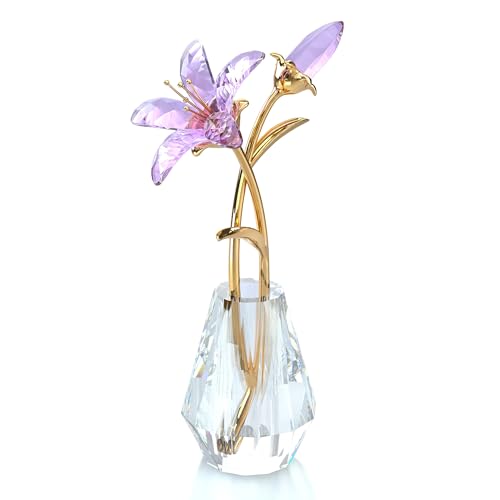 Crystal Tiger Lily Flower Metal Stem with Vase Purple, Crystal Flower Decor - Glass Lilium Flower, Lily Gifts for Women, Crystal Flower Figurines Home Wedding Party Decor