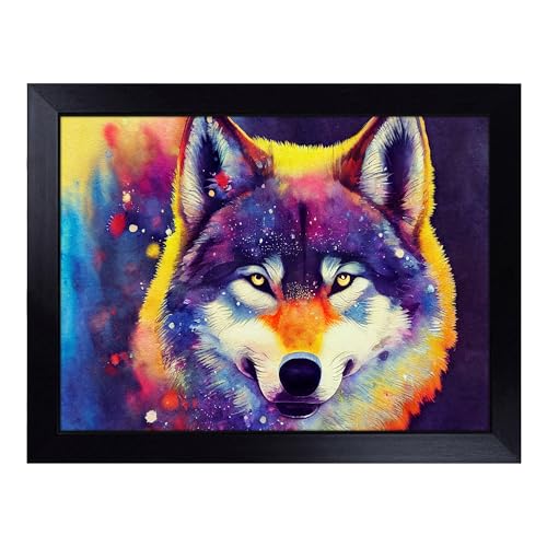Lap Tray with Bean Bag Cushion, Watercolour Wolf Abstract - Handmade in the UK, Raised Wooden Edge, Padded Cushion, Heat-Resistant Wipe-Clean Surface, for Meals, Laptops and Crafts