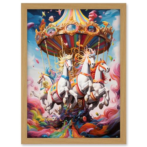 Artery8 Magical Carousel in Rainbow Clouds Bright Bold Vibrant Fantasy Kids Bedroom Baby Nursery Artwork Framed A3 Wall Art Print