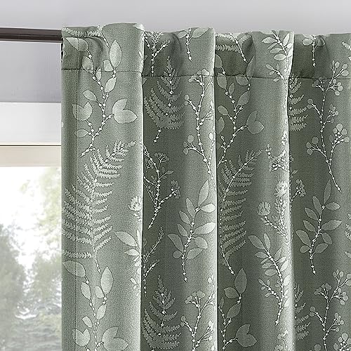 "Sun Zero Ambridge 2-Pack Embroidered Botanical Leaf Pleated Look 100% Blackout Back Tab Curtain Panel Pair, 50"" x 96"", Sage Green"