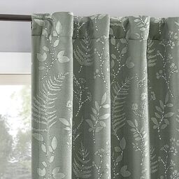 "Sun Zero Ambridge 2-Pack Embroidered Botanical Leaf Pleated Look 100% Blackout Back Tab Curtain Panel Pair, 50"" x 96"", Sage Green"
