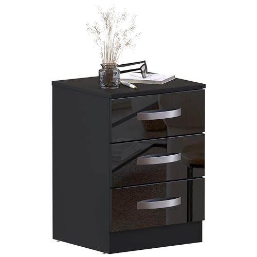 Vida Designs High Gloss Chest Of Drawers Black, 3 Drawer With Metal Handles and Runners, Unique Anti-Bowing Drawer Support, Bedroom Furniture