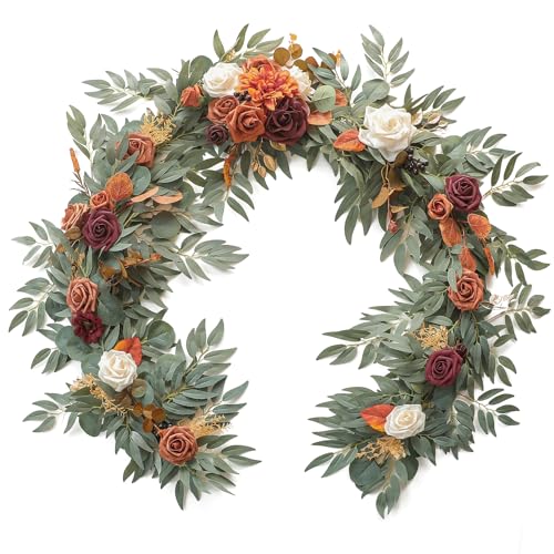 Floroom 6ft Artificial Eucalyptus Garland with Flowers Fake Greenery Faux Floral Vine Garland for Table Decor Wedding Centerpieces Bridal Shower Party Decorations, Terracotta