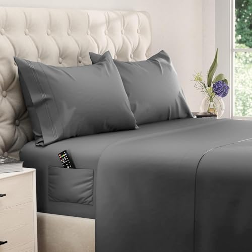 "DREAMCARE King Size Sheets Set - 4 pcs Breathable Cooling Sheets - up to 15"" Deep Pocket King Sheet Set with Side Pockets - Extra Soft 100% Brushed Hypoallergenic Hotel Luxury Bedding Dark Gray"