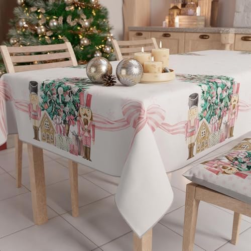 PETTI Artigiani Italiani - Christmas Tablecloth Stain Resistant Square Table Cover for Kitchen, Pink Soldiers Design, 140x140 cm, 100% Made in Italy
