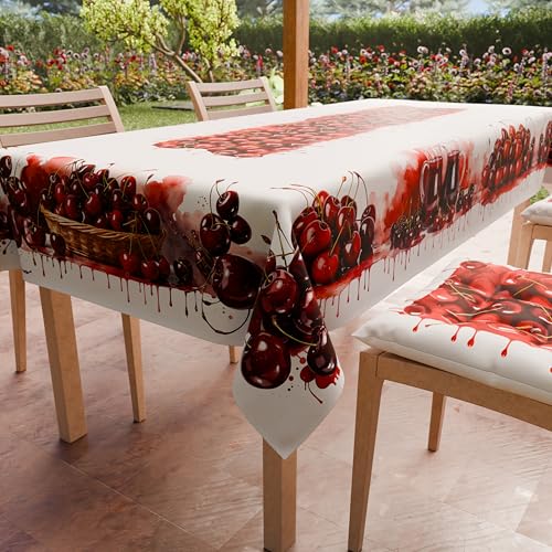 PETTI Artigiani Italiani - Stain Resistant Tablecloth Rectangular 140x180 cm 6 Seats, Wipe Clean Microfibre Kitchen Table Cover, Fruit Design Cherries, 100% Made in Italy