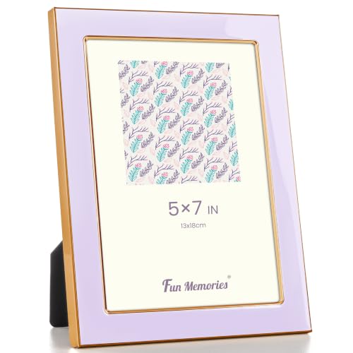 Fun Memories 5x7 Picture Frame - 1pcs Purple Enamel Glass Photo Frame with Gold Metal Edge & Easel for Display Picture Frame on Countertops, Tabletops, Bookshelves, Desks, Walls (Purple/Gold)