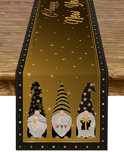 Happy New Year Gnome Table Runner 2026 Black and Gold Christmas Winter Holiday Celebration Kitchen Dining Home Decorations