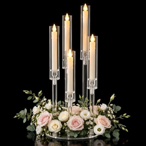 Acrylic Candelabra Centerpiece for Tables Wedding,Clear 5 Arms - Candle Stick in Bulk for Party,Brithday,Baby Shower,Halloween,Christmas candelabros para centros de mesa,Fit 0.8 LED Candle