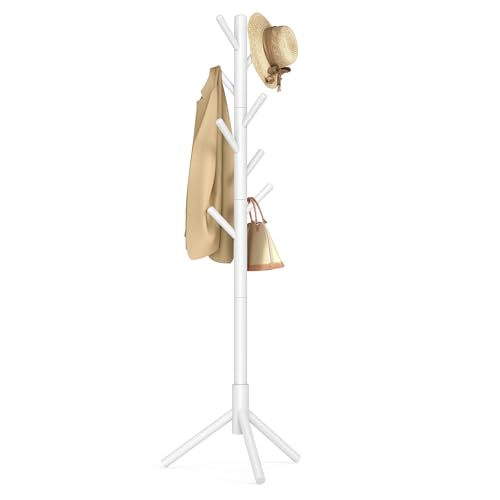 VASAGLE RCR04WT Wooden Coat Rack with 8 Hooks, 3 Adjustable Heights, for Clothes, Hats, Bags, Entryway, Living Room, Bedroom, Office, White
