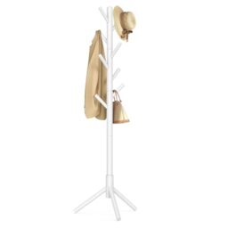 VASAGLE RCR04WT Wooden Coat Rack with 8 Hooks, 3 Adjustable Heights, for Clothes, Hats, Bags, Entryway, Living Room, Bedroom, Office, White