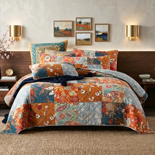 camandy Cotton Bedspread Quilt Bedding Sets 3 Pieces Reversible Coverlet Sets Comforters Luxury Paisley Floral Patchwork Brown Bedspread, King Size