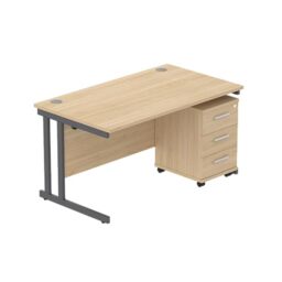 Office Hippo Heavy Duty Contract Grade Office Desk Workstation and Lockable 3-Drawer Pedestal Set, 120kg Weight Tolerance, 5-Year Warranty, FSC Certified, Canadian Oak, Graphite Legs, 1400 x 800mm