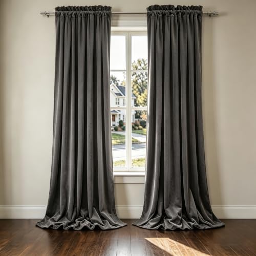 Benedeco Blackout Grey Velvet Curtains for Bedroom Window, Light Filtering Drapes for Living Room Darkening Soundproof Thermal Curtain Rod Pocket 52 x 96 inches Long Length Set of 2 Panels