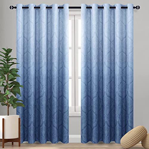 DWCN Blackout Ombre Damask Curtains for Bedroom - Patterned Thermal Insulated Energy Saving Grommet Curtains for Living Room, Set of 2 Gradient Window Curtain Panels, 80 x 84 Inch Length, Navy Blue
