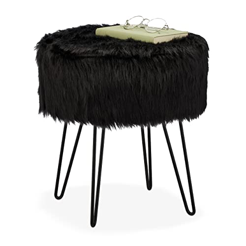 Relaxdays Fur Stool, Padded Plush, Round, Metal Frame, Dressing Table, HxD: 41 x 37 cm, Black, Fibreboard