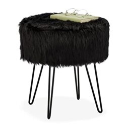 Relaxdays Fur Stool, Padded Plush, Round, Metal Frame, Dressing Table, HxD: 41 x 37 cm, Black, Fibreboard