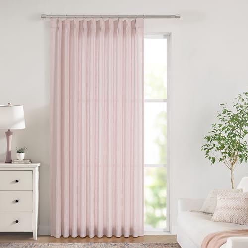 "Vision Home Soft Pink Pinch Pleated Semi Sheer Curtains Textured Linen Blended Light Filtering Window Curtains 95 inch for Living Room Bedroom Patio Pinch Pleat Drapes with Hooks 1 Panel 60"" Wx95 L"