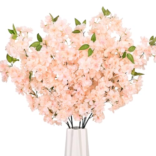 Sunm Boutique Champagne Faux Cherry Blossom Branches, Artificial Cherry Blossom Stems Cherry Blossom Flowers Vase Arrangements for Wedding Home Party Kitchen Decor, Set of 3