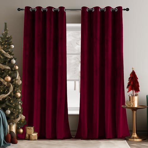 "SMILETIME Burgundy Velvet Curtains 52""x84"" Grommet 2 Panels - OEKO-TEX rust-proof grommets light filtering heat insulated noise reducing, living room bedroom study, machine washable"