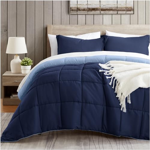 satisomnia Queen Comforter Set Navy Blue, Lightweight Comforters Queen Size Bed, Soft Breathable Down Alternative Bed Comforter Set, Reversible All Season 3Pcs Queen Bedding Set with 2 Pillow Shams