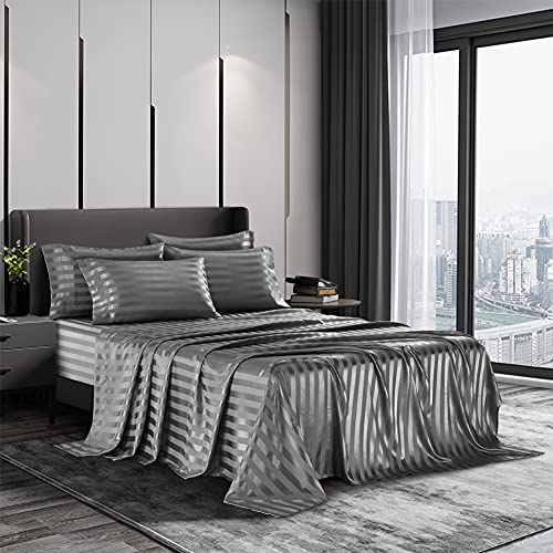 AiMay 6 Piece Satin Italian Style Bed Sheet Set Deep Pocket Stripes 1800 Luxury Rich Silk 1 Flat Sheet 1 Fitted Sheet 4 Envelope Pillowcases Stain-Resistant Wrinkle Free (King, Grey)