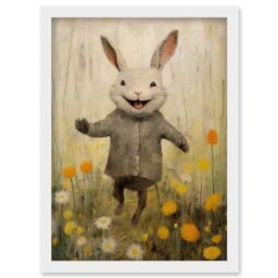 Artery8 Raincoat Rabbit Happy Bunny Flower Meadow Kids Girls Bedroom Nursery Artwork Framed Wall Art Print A4
