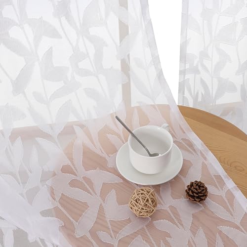 OWENIE Leyna White Sheer Curtain 54 Inch Length 2 Panels Set, Soft Airy Clip Jacquard Light Filtering Curtains for Bedroom Living Room, Elegant Leaf Textured Window Drapes, 40Wx54L Inches