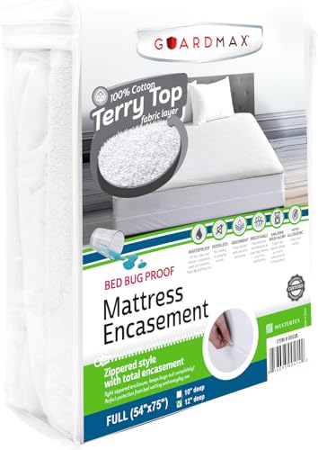Full Mattress Protector with Zipper by Guardmax. Terry Cotton Waterproof & Bed Bug Proof Mattress Encasement - Soft & Comfortable Mattress Cover with 12 Inch Deep Pockets for Perfect and Snug Fit
