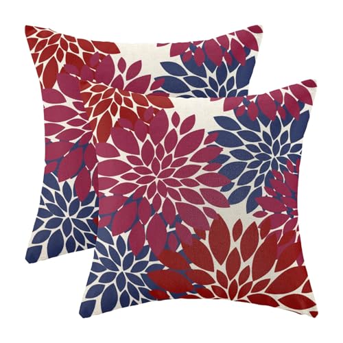 CXMEIFLY Burgundy Red Navy Blue Pillow Covers 20x20 Inch Set of 2 Dahlia Floral Decor Throw Pillows Summer Modern Geometry Flower Outdoor Decorative Cushion Cases for Sofa Couch Bed Decorations