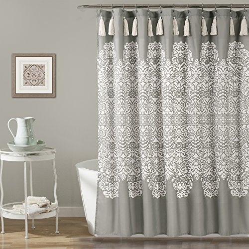 "Lush Decor, 72"" x 72"", Gray Boho Medallion Shower Curtain-Fabric Bohemian Damask Print Design with Tassels"
