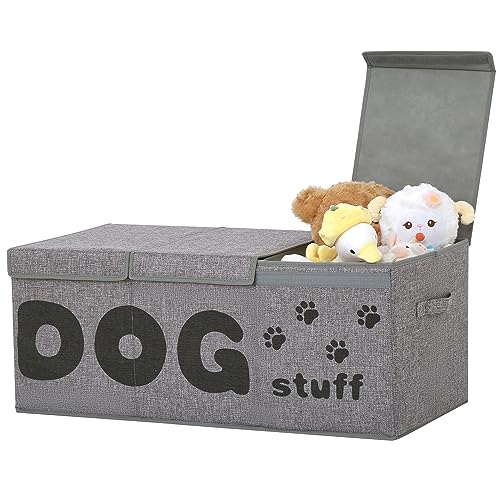 Qozary Dog Toy Storage Box - 3 Grids Large Dog Toy Basket and Storage Bin With Lid for Pet Supplies, Perfect To Keep Everything Organized