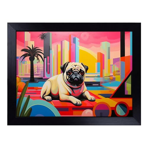 Lap Tray with Bean Bag Cushion, Pug Art Deco - Handmade in the UK, Raised Wooden Edge, Padded Cushion, Heat-Resistant Wipe-Clean Surface, for Meals, Laptops and Crafts