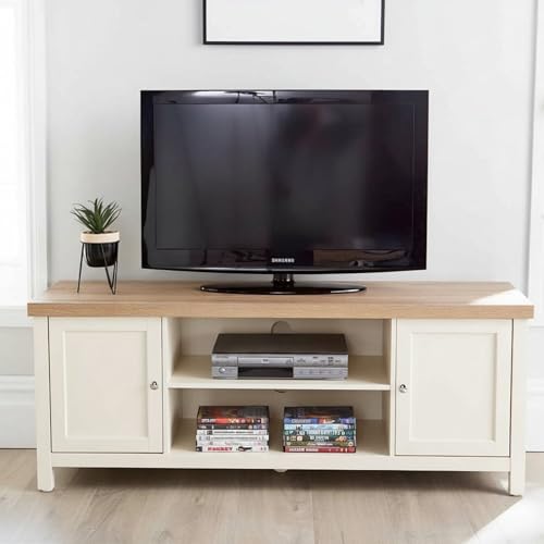 Home Source Avon TV Stand 130cm – White, Sonoma Oak Top, 2 Cupboards & Shelves - 130W x 39D x 50H cm - TV Unit Fits up to 55 Inch