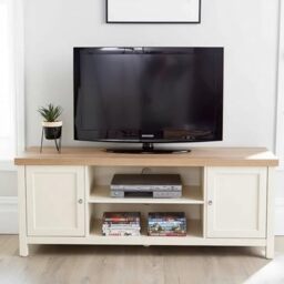 Home Source Avon TV Stand 130cm – White, Sonoma Oak Top, 2 Cupboards & Shelves - 130W x 39D x 50H cm - TV Unit Fits up to 55 Inch