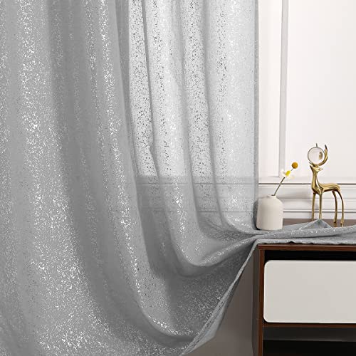 TERLYTEX Sheer Curtains Grey Glittery 63 Inch Length Chic Silver for Bedroom Rod Pull Through Window Curtains Privacy Screen 52x63 Inch Set of 2, Silver/Grey