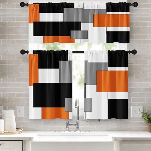 "Tayney Orange Kitchen Window Curtains Valance and Tier Set, Black Grey White Modern Rod Pocket Short Tier Curtain, Abstract Art Small Cafe Drapes for Kitchen Decor 52"" x 24"""