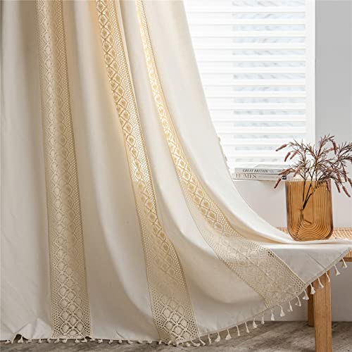 "Sutuo Home Bohemian Window Curtain Dots Crochet Patchwork Semi-Blackout Window Curtain with Handmade Tassels Rod Pocket 1 Panel, 59"" × 84"" (W x L), Beige"