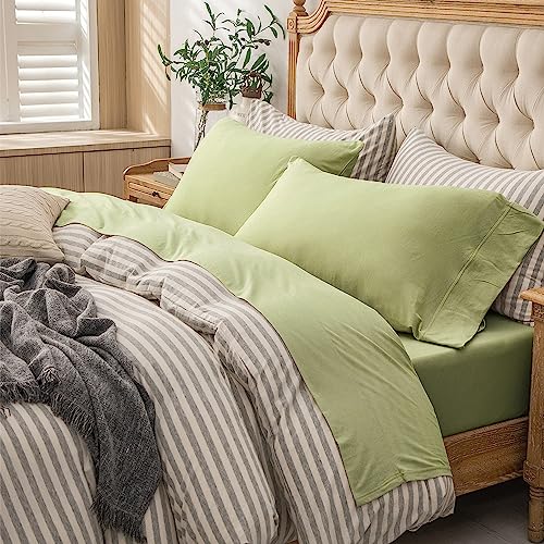"PURE ERA Jersey Knit Sheet Set Solid Mocha Green Queen - 100% Cotton, 4 Piece Set, T Shirt Soft, Deep Pocket, Fits Mattresses Up to 20"" Deep, All Around Elastic, Modern and Casual"