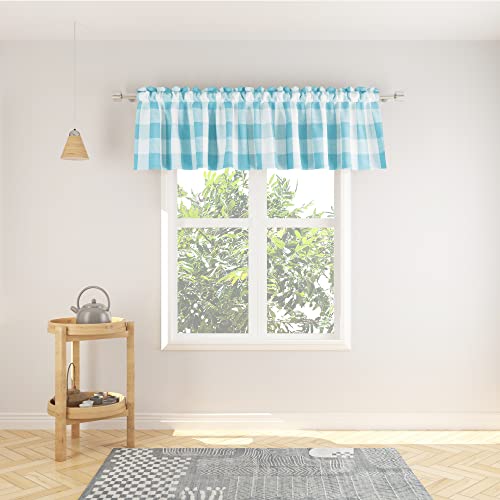 Natus Weaver Window Curtain Valances 14 inches Long Living Room Bedroom 1 Panel Buffalo Check Small Valance Curtain Rod Pocket Classic Country Farmhouse - Sky Blue & White