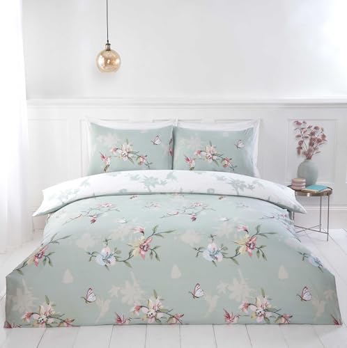 Rapport home Hummingbird Floral Green Single Duvet Cover Set - Soft Easy Care Polyester Bedding with Pillowcase