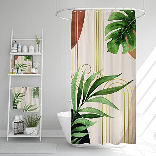 Small Stall Narrow Shower Curtain Single Tropical Boho Bathroom Curtain Set - Mid Century Leaves Abstract Palm Leaf Plant Green Minimalist 39Wx72L Bathroom Decor Waterproof Fabric with Free Hooks