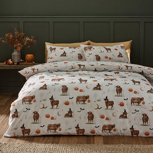 Catherine Lansfield Halloween Highland Cow Reversible Single Duvet Cover Set with Pillowcase Natural
