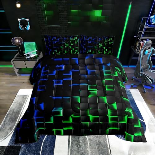 Erosebridal Geometric Checkered Comforter Set Queen Neon Blue Green Bedding Set for Kids Boys Teen Gamer Room Decor,Abstract Ombre Plaid Comforter Geometry Grids Quilt Duvet Black