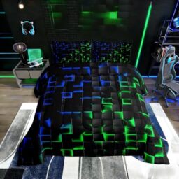 Erosebridal Geometric Checkered Comforter Set Queen Neon Blue Green Bedding Set for Kids Boys Teen Gamer Room Decor,Abstract Ombre Plaid Comforter Geometry Grids Quilt Duvet Black