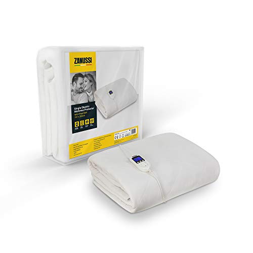 Zanussi Single Electric Blanket Mattress Protector 9 Heat Settings, Low Energy & Energy Efficient, Machine Washable, Overheat Protection, 107 X 203 cm, 60W, White ZESB7001, 2 Year Guarantee