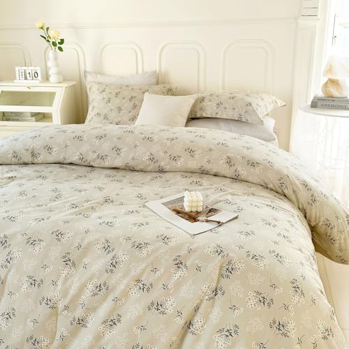 EAVD Botanical Floral Full Size Comforter Sets for Women Girls Chic Aesthetic Boho Floral Comforter with 2 Pillowcases Soft Washed Microfiber Botanical Pattern Comforter Set