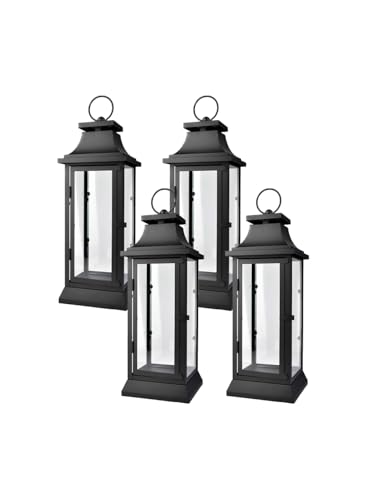 "Serene Spaces Living Set of 4 Black Hurricane Lanterns with Clear Glass Panels - Ideal for Home Decor, Parties & Events - Table Top or Hanging Lantern for Indoor & Outdoor Use - Measures 15"" Tall"