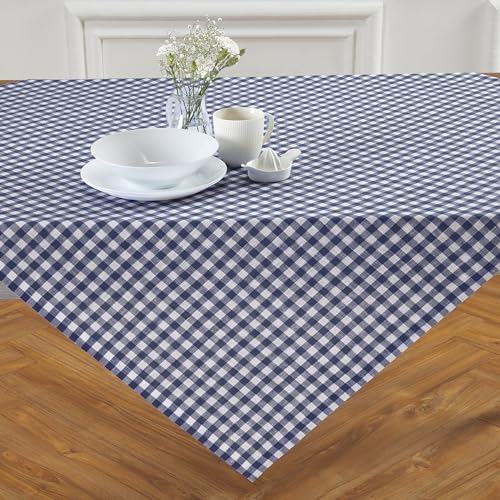 Solino Home 100% Linen Table Cloth, Throw Navy, Gingham Check 52 x 52 in - Checkered Linen Tablecloth a neat topper for bistro, card and side tables - checkered weave - Pure Linen - OEKO-TEX Certified