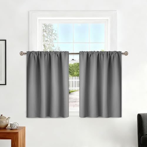 Yakamok 36 Inches Grey Blackout Curtains Valances for Basement Windows - Room Darkening Rod Pocket Window Valances for Kitchen Windows???2 Panels???Width 38 by Length 36